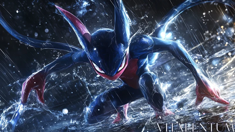 Dynamic blue creature crouching in dramatic rain battle scene.