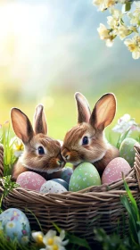 Easter bunnies nestle among pastel eggs in spring sunlight