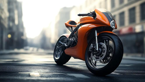 Orange sport motorcycle parked on empty city street scene.