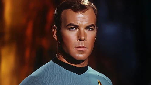 Calm starship officer framed in softly glowing light.