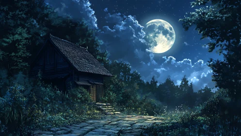 Rural wooden cabin beside stone path under full moonlight.