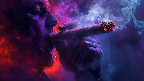 Neon side-lit portrait isolates cigar embers and swirling smoke