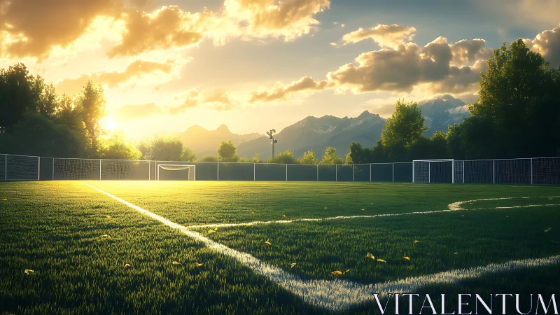 Sunlit mountain soccer field glowing with evening promise.