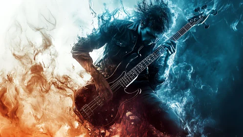 Rock bassist engulfed in fiery blue dual-tone energy storm.