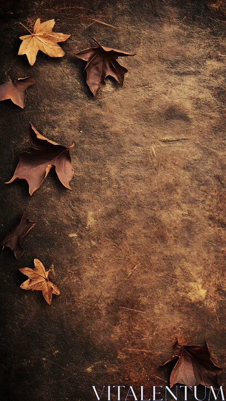 Autumn maple leaves on distressed sepia textured ground surface.