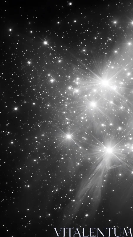 Monochrome star field with bright clustered light sources.