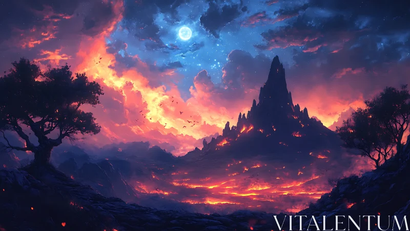 Apocalyptic Crater Valley: Full Moon Over Molten Landscape.