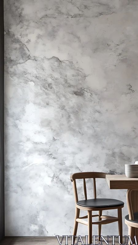 Calm dining corner against soft cloudlike marble wall.