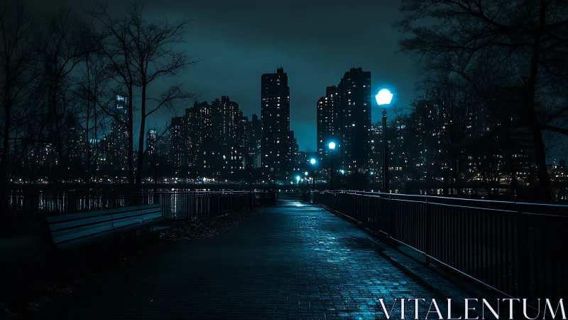 Moody riverside walkway under teal-lit urban skyline at night.