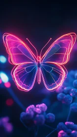 Neon butterfly silhouette glows over dreamy nocturne garden.