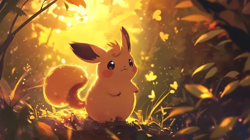 Golden forest creature glows under soft sunset light.