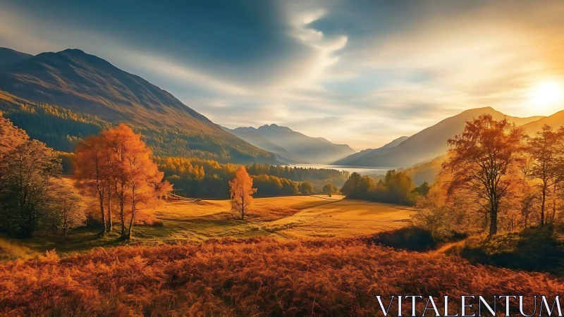 Golden autumn valley under dramatic mountain sunset.