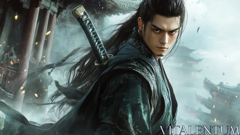 Storm-eyed wandering swordsman in ghostlit mountain citadel.