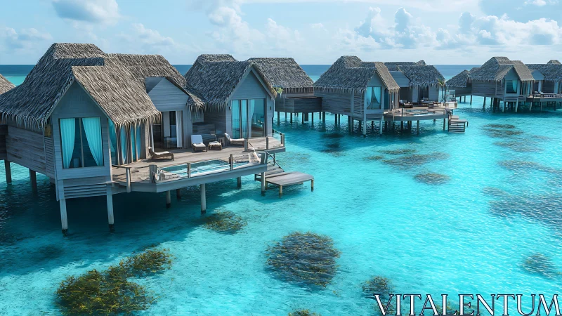 Sunlit overwater bungalows drifting above crystal lagoon.
