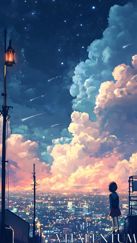 Anime night cityscape with celestial clouds and observer figure.