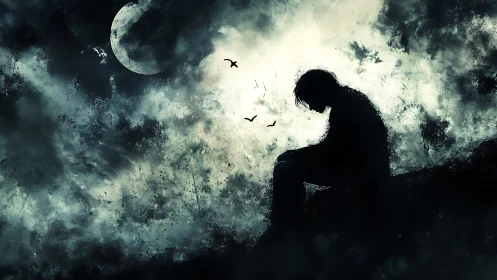 Solitary figure bows under a stormy moonlit sky