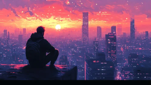 Solitary figure on high ledge overlooking dense city sunset.