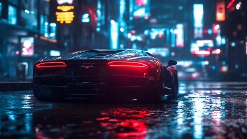 Sleek red supercar glowing softly in a rainy neon city night.
