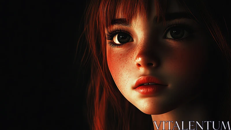 Digital portrait shows close red-haired face in warm light