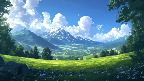 Panoramic alpine valley under cumulonimbus-laden summer sky.