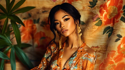 Portrait uses shallow depth and warm floral bokeh for tonal harmony