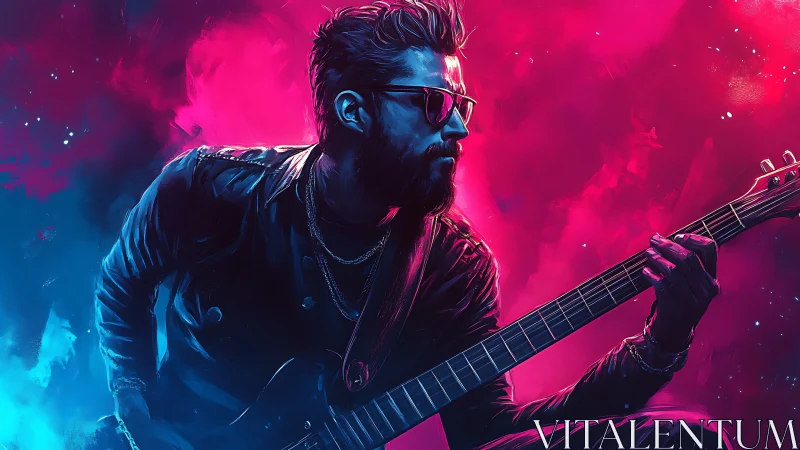 Electric guitarist in leather jacket with neon backdrop.