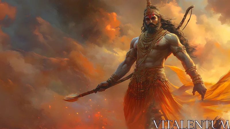 Warrior deity strides through burning storm clouds with axe.