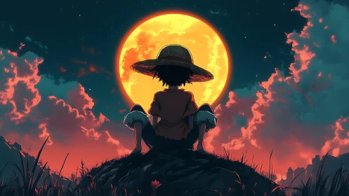 Silhouetted anime figure observes oversized moon at twilight