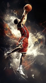 Basketball player soars through explosive cosmic light