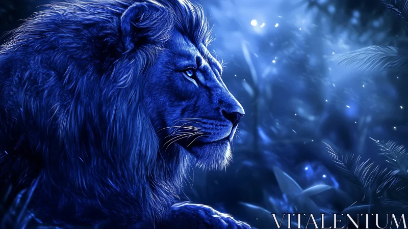 Bioluminescent blue lion profile in nocturnal jungle haze