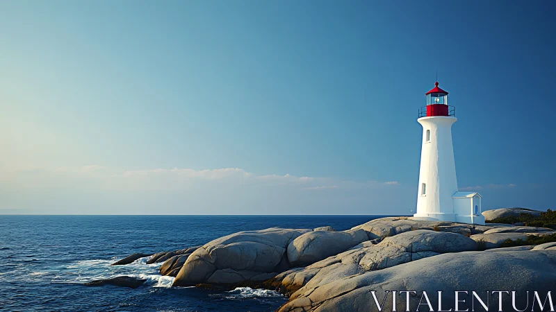 White coastal lighthouse stands on sunlit rocky shoreline