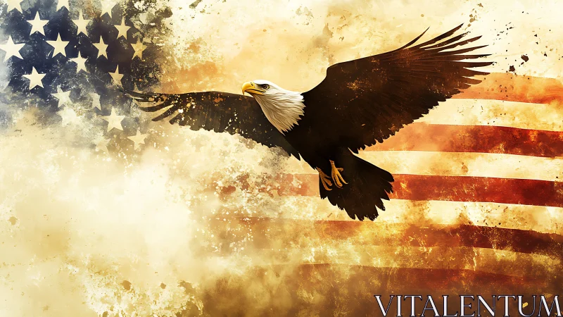 Soaring bald eagle merging with grunge American flag backdrop.