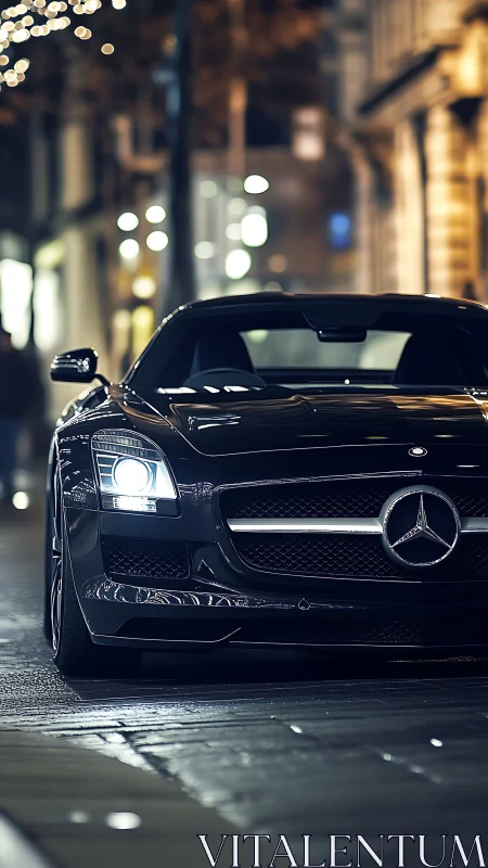 Front-angled Mercedes coupe under nocturnal urban bokeh lighting.