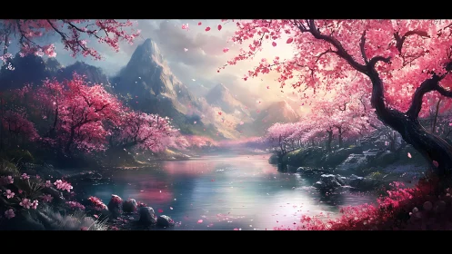 Luminescent sakura valley with reflective alpine river basin.