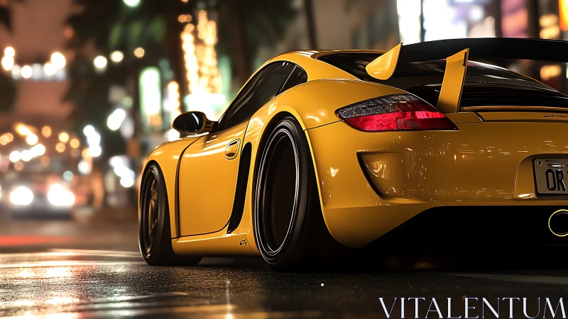 Yellow sports car glows against neon city nightlife backdrop.