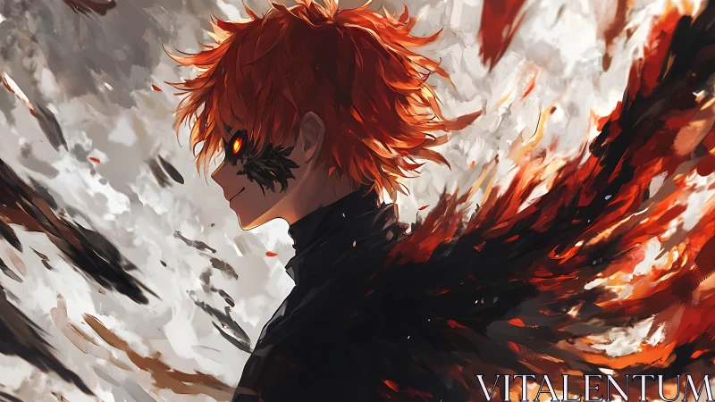 Fiery winged warrior stands amid swirling ash and embers