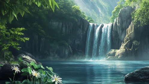 Sunlit forest gorge waterfall with reflective tranquil pool