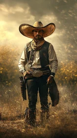 Dusty lone cowboy strides through golden prairie storm.