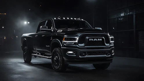 Black RAM pickup truck stands in dramatic low-key lighting.