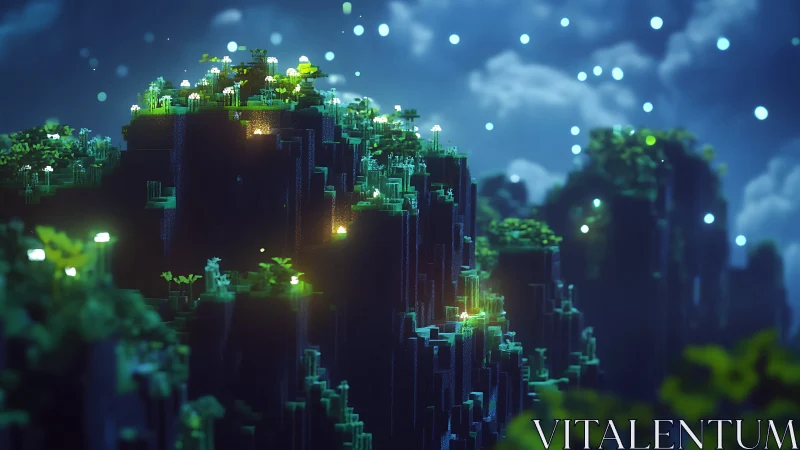 Glowing voxel cliffs rise under a dreamy, star-flecked night sky