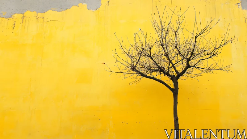 Leafless tree stands against weathered yellow urban wall