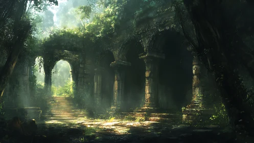 Ancient jungle arcade glows under diffused forest light.