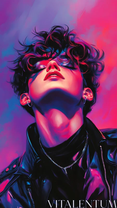 Bold neon portrait of person in leather jacket posing up.