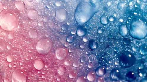 Macro oil droplets merge over pink and blue gradient field