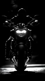 Motorcycle front view silhouette with single headlight lit.