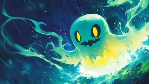 Neon ghostly spirit erupts from glowing liquid vortex.