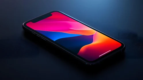 Modern smartphone with vibrant abstract wallpaper on dark surface.