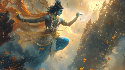 Celestial deity in dynamic aerial pose amid crumbling temple spires