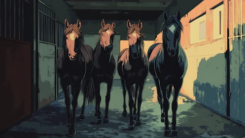 Four bay horses in stable corridor, cinematic backlit digital art