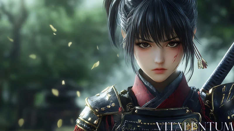 Samurai girl in ornate armor stares forward with focused gaze
